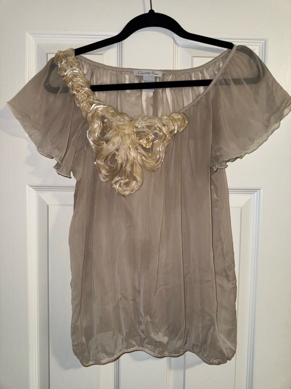 Charlotte Russe Taupe One-Shoulder Sheer Blouse with Gold Appliqué